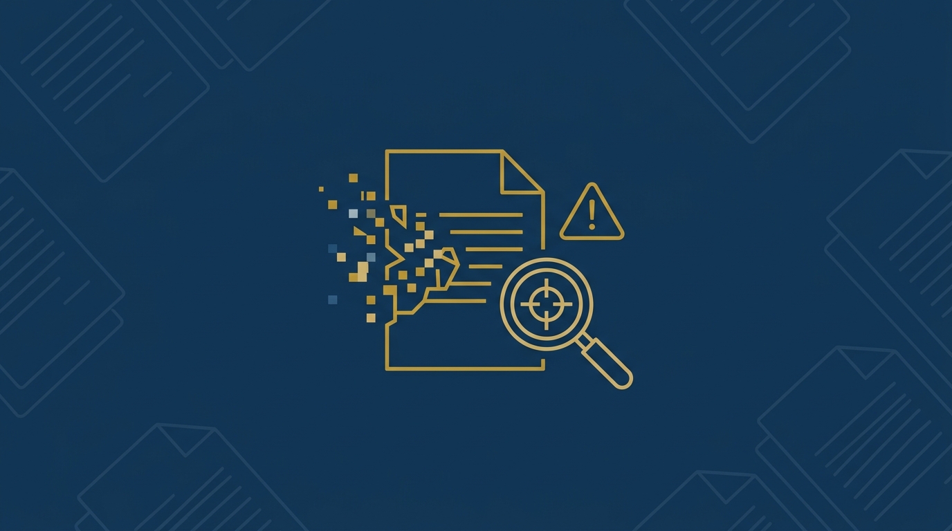 Abstract illustration of a legal document fragmenting into pixelated shards next to a warning icon and a magnifying glass, symbolising AI-hallucinated case citations