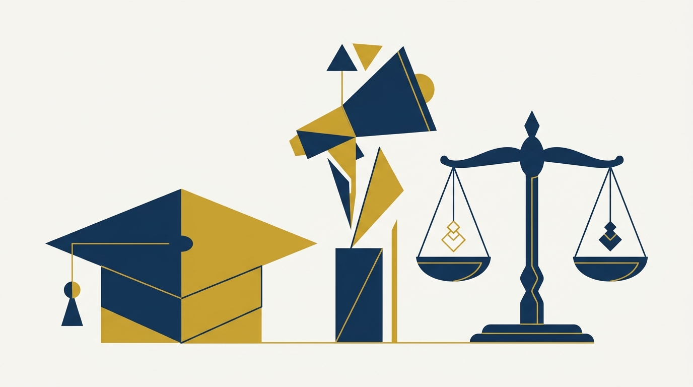Abstract illustration of a graduation cap, a protest megaphone and justice scales representing the BCI-NALSAR enrolment dispute