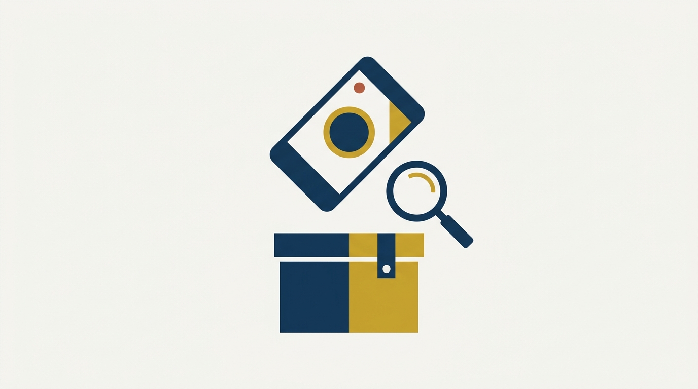 Abstract illustration of a smartphone recording icon above an evidence box with a magnifying glass, symbolising mandatory video recording of search and seizure