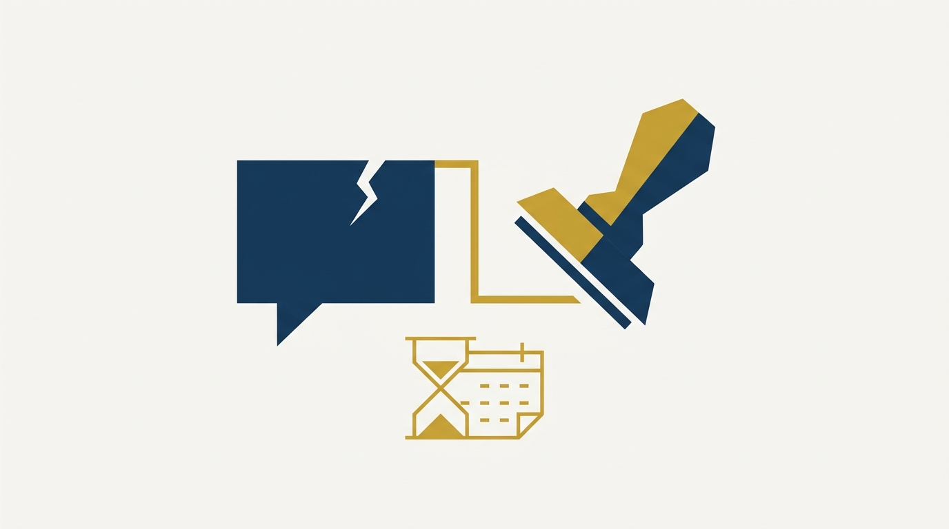 Abstract illustration of a cracked speech bubble and an official government seal representing sanction for prosecuting defamation of public officeholders