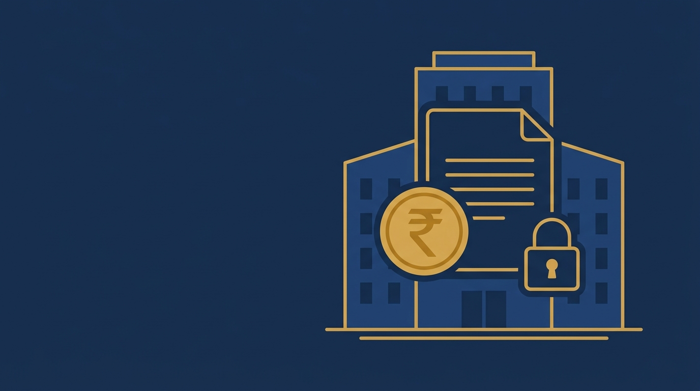 Illustration of a corporate office building with a rupee coin and padlock, representing Section 185 compliance for company loans to directors