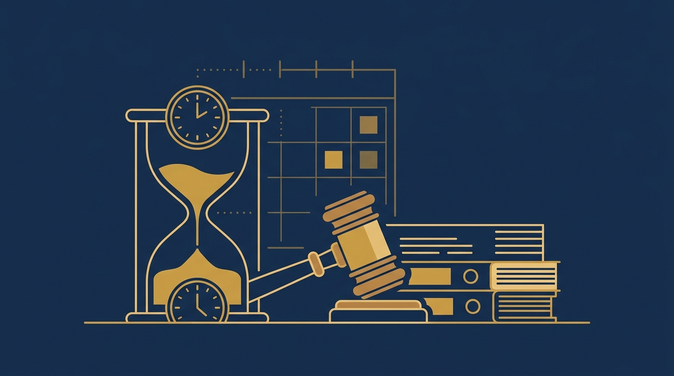 Illustration of an hourglass and gavel beside a stack of documents, representing condonation of delay under BNSS Section 528