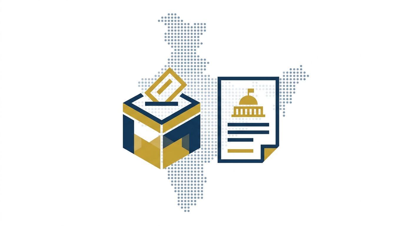 Illustration of a ballot box and a parliamentary bill document over a dotted outline of India, representing the Delimitation Bill 2026 and Lok Sabha seat reallocation