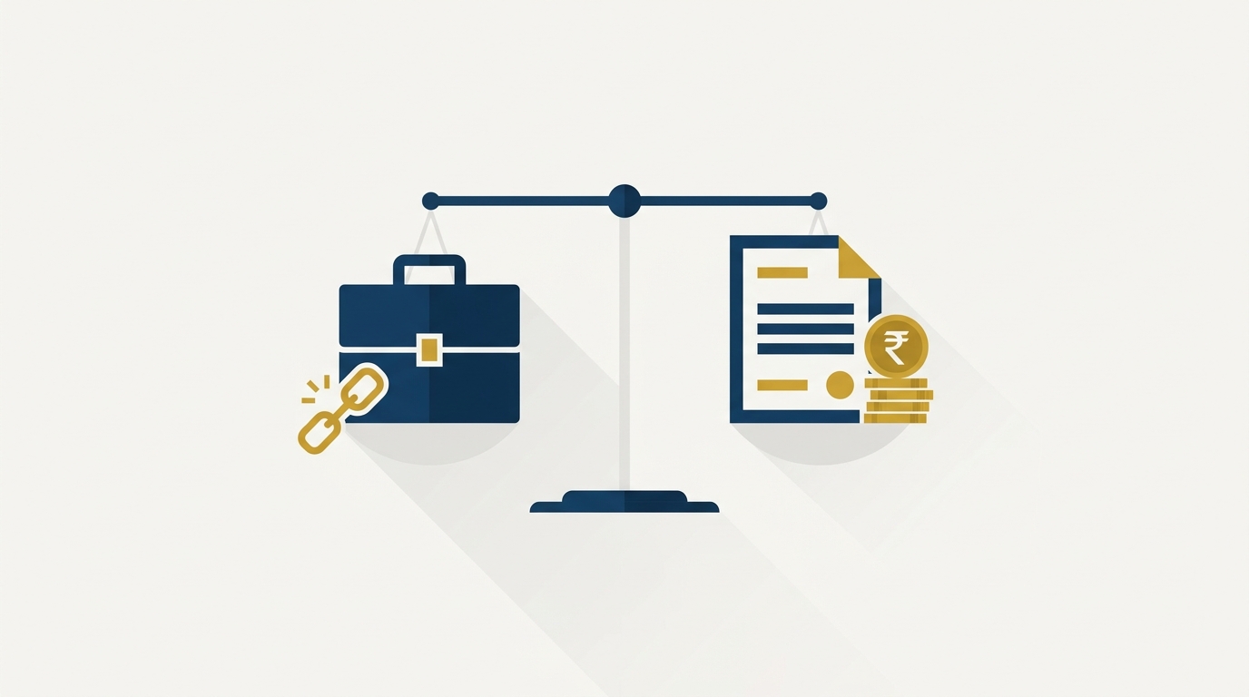 Abstract illustration of a briefcase with a broken chain link balanced on scales against a document and stack of coins, representing the choice between labour court and civil remedies for illegal termination
