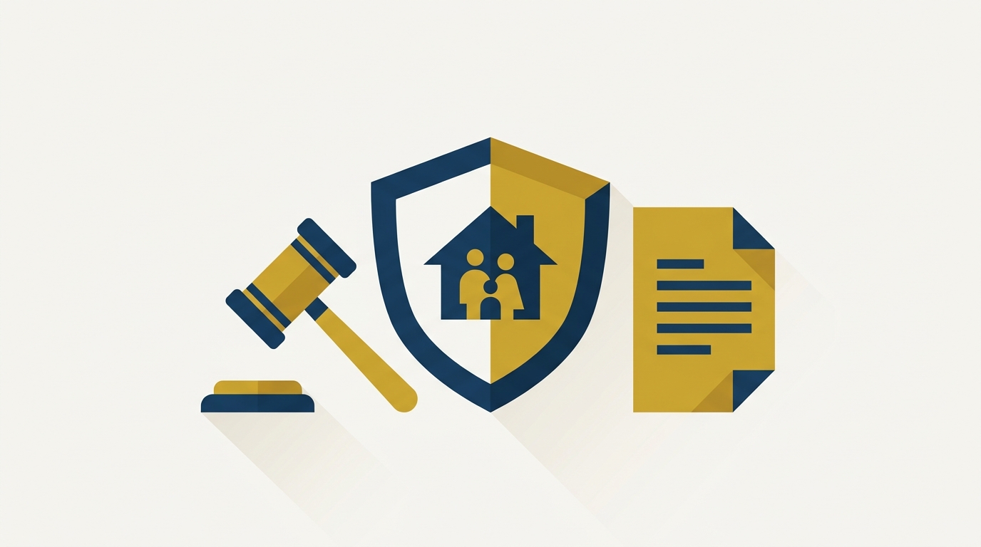 Abstract illustration of a shield containing a house silhouette, flanked by a gavel and a legal document, representing the legal mechanisms available to defend against a false domestic cruelty complaint