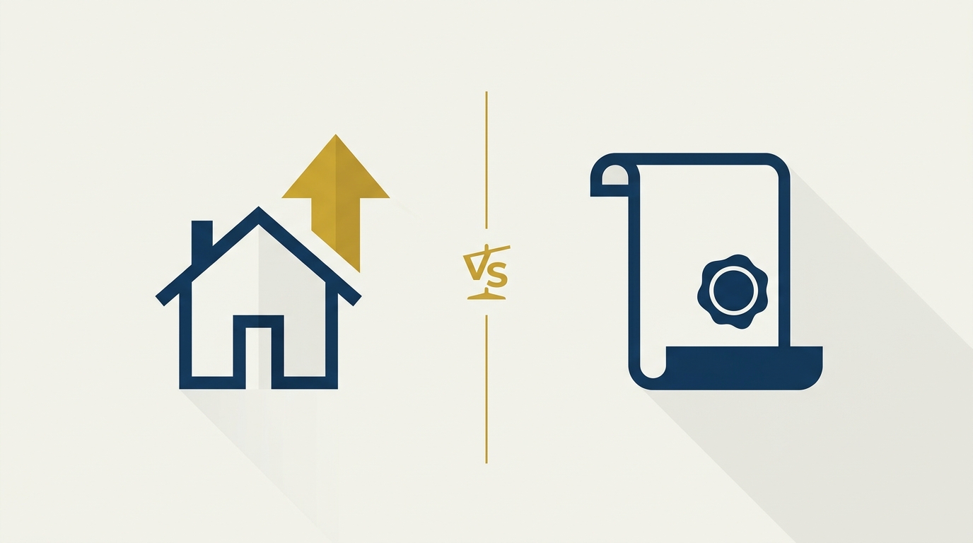 Abstract illustration of a house icon with an upward arrow beside a sealed scroll icon, representing the comparison between an immediate gift deed transfer and a will that takes effect later