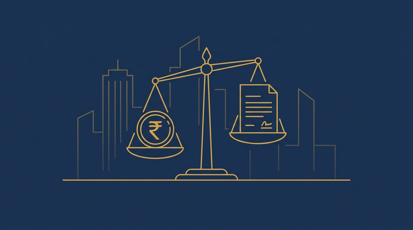 Illustration of scales of justice balancing a rupee coin and a contract document, representing why the IBC cannot be used for debt recovery in contractual disputes