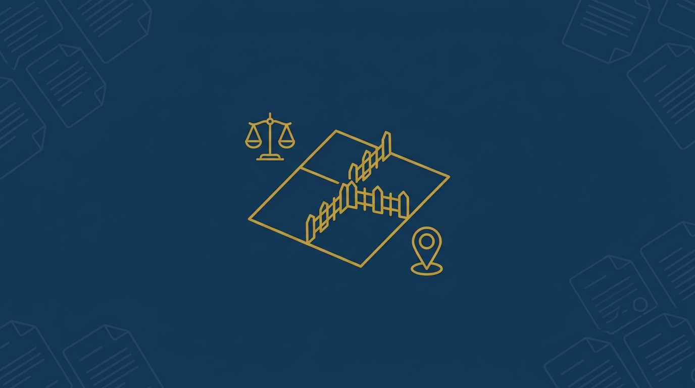 Abstract illustration of a land plot map with a fence line crossing a property boundary, alongside the scales of justice and a location marker, symbolising legal remedies for property encroachment