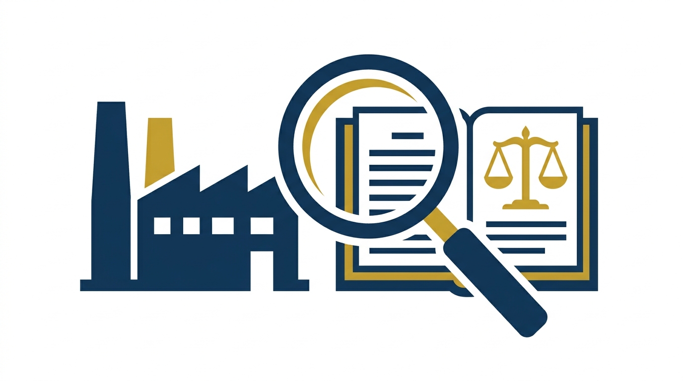 Illustration of a factory silhouette beside a magnifying glass over an open law book, representing the Supreme Court's reconsideration of the definition of industry under labour law