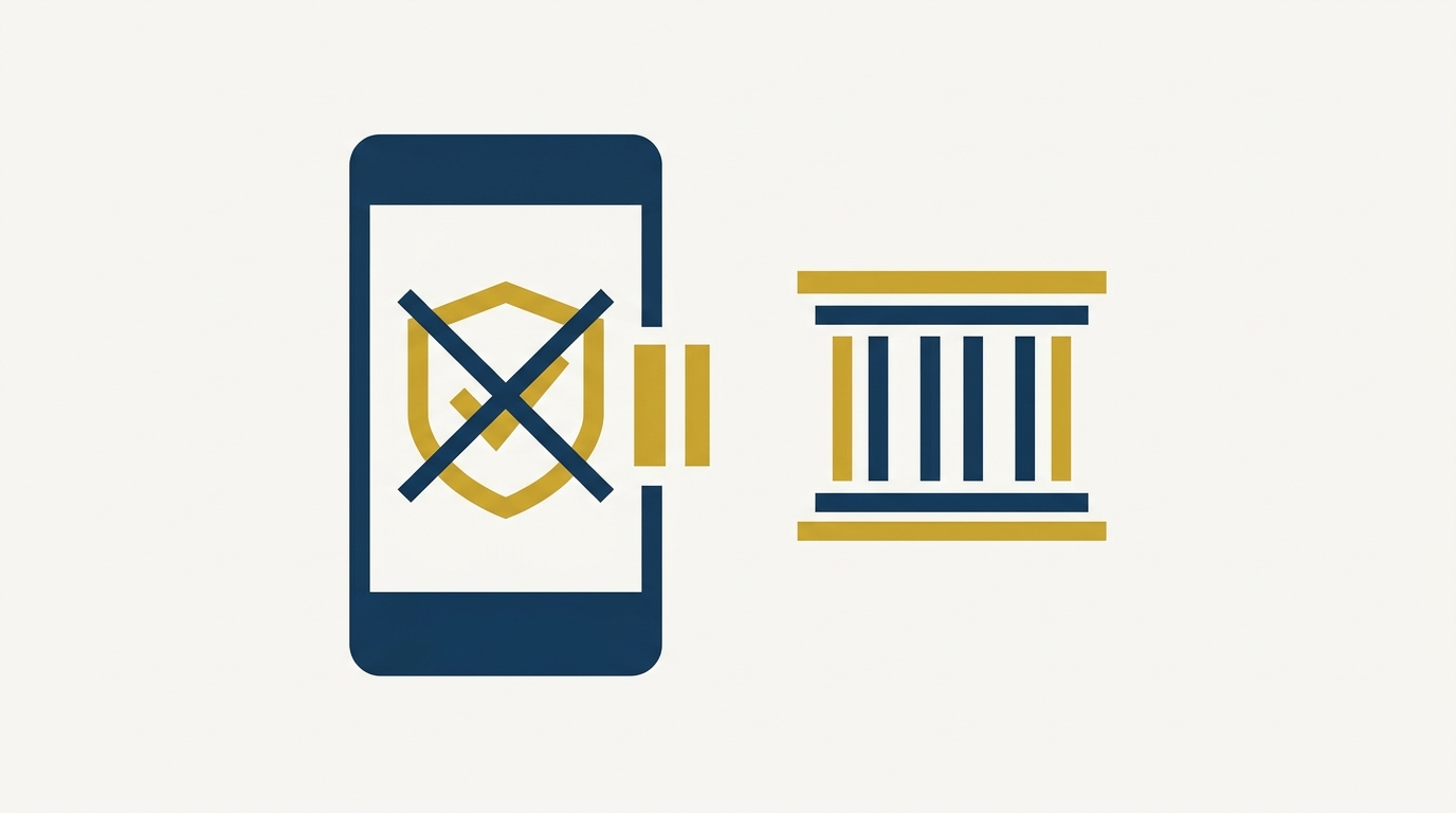 Illustration of a smartphone with a crossed-out shield checkmark icon beside a courthouse column, representing the legal challenge to the government's IT Rules Fact Check Unit