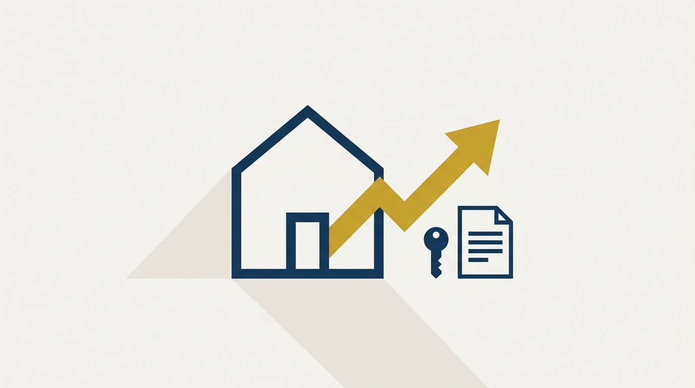 Abstract illustration of a house outline with an upward-trending arrow beside a key and a lease document, representing rent escalation and the distinction between a lease and a leave-and-license agreement