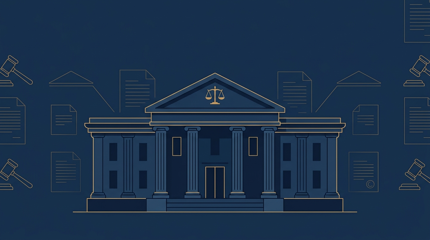 Illustration of a courthouse building representing the new National Tribunals Commission overseeing India's tribunal system