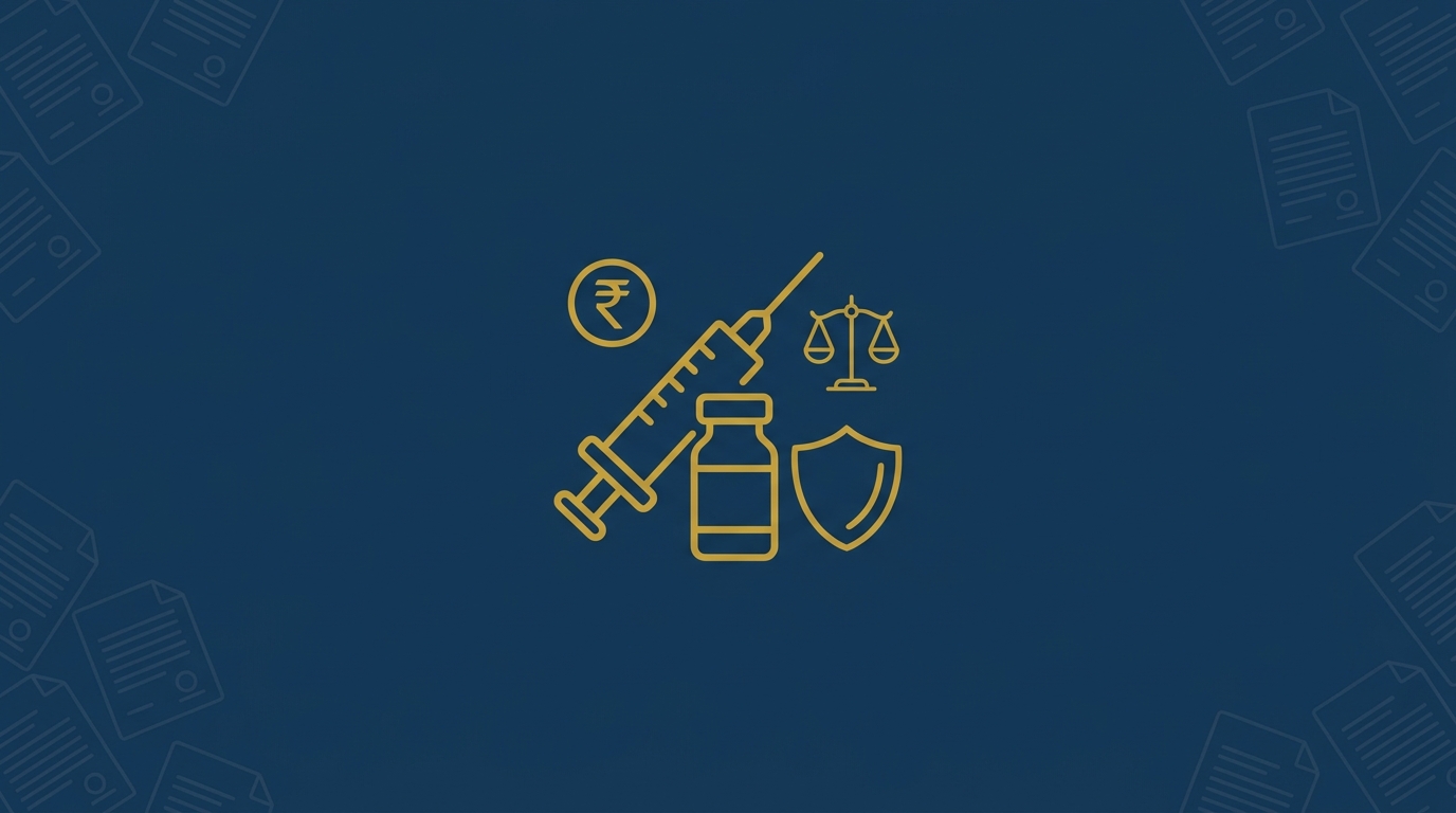 Abstract illustration of a vaccine syringe, scales of justice and a rupee coin, symbolising legal compensation for vaccine injury