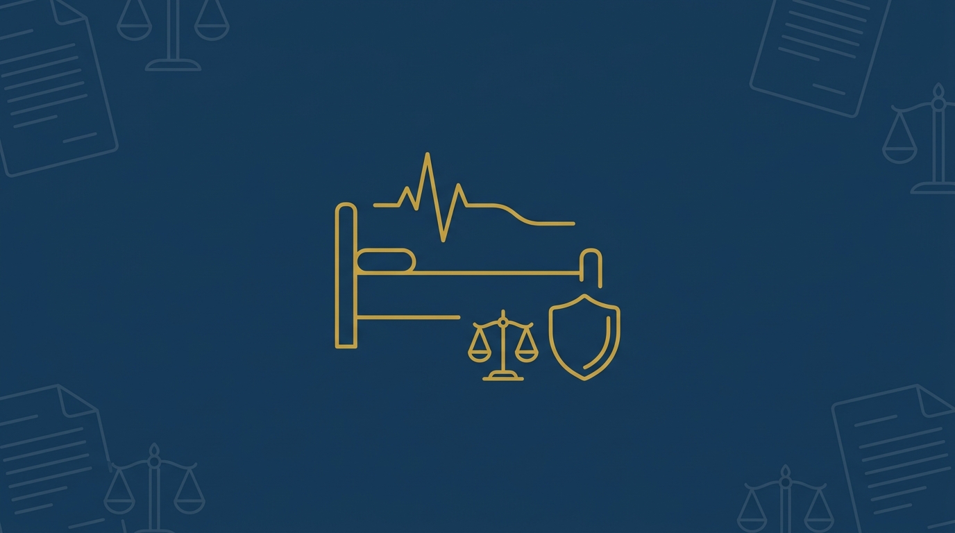 Abstract illustration of a hospital bed with a flattening heart-rate line, scales of justice and a shield, symbolising legal oversight of end-of-life medical decisions