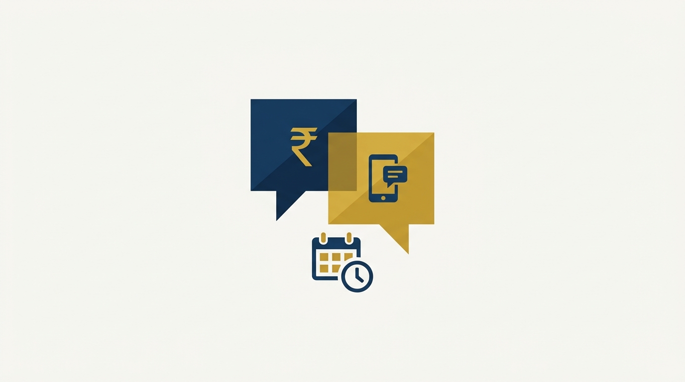 Abstract illustration of two overlapping speech bubbles, one with a rupee symbol and one with a chat icon, beside a calendar and clock, representing digital proof of an informal loan and the limitation deadline to recover it