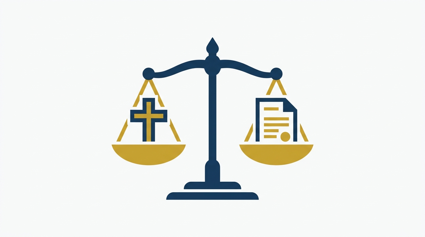 Illustration of scales of justice balancing a faith symbol against a certificate document, representing the Supreme Court's ruling on Scheduled Caste status and religious conversion
