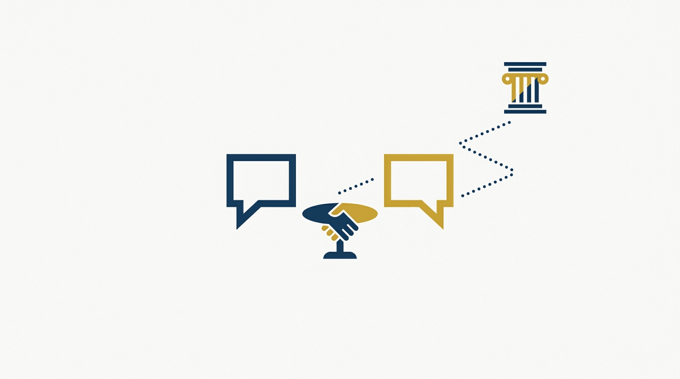 Abstract illustration of two speech bubbles across a mediation table, with a path branching toward a courthouse icon, symbolising pre-institution mediation under Section 12A