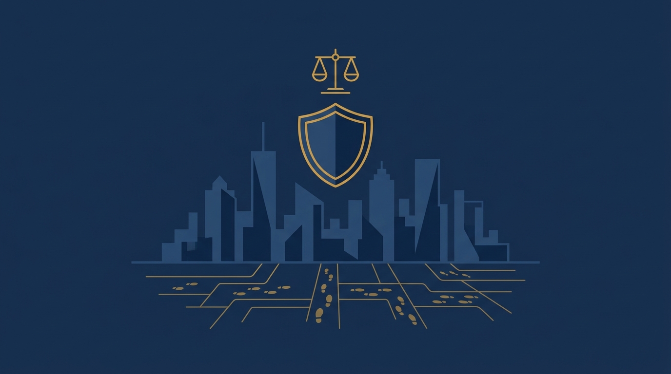Illustration of a city skyline with a protective shield and scales of justice, representing Article 21 rights and stray dog attack accountability