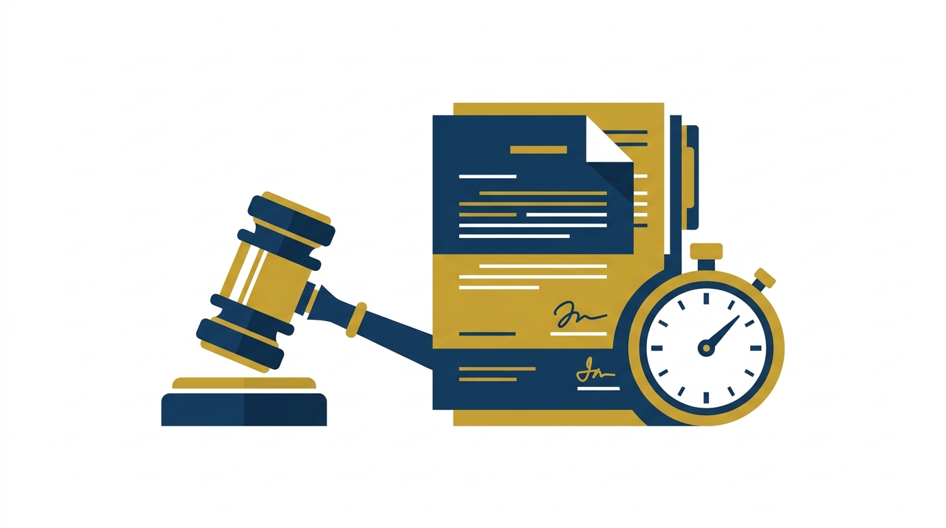 Illustration of a gavel, legal documents and a stopwatch representing the Supreme Court's 2026 adjournment disclosure rules