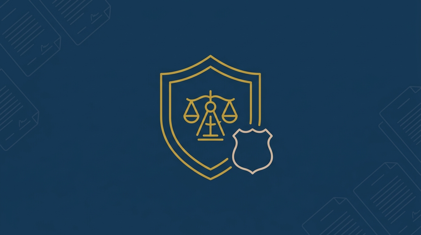 Abstract illustration of a shield protecting the scales of justice and a police badge, symbolising legal oversight of anti-trafficking victim protection
